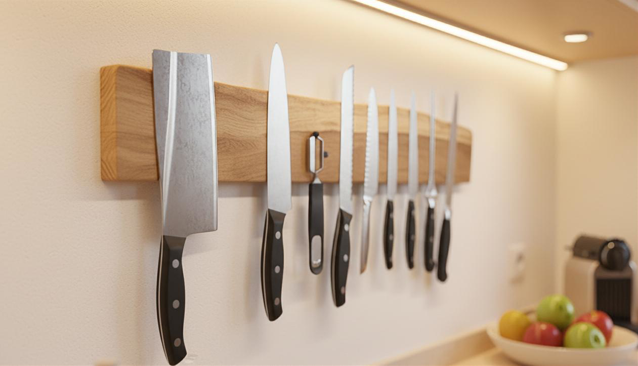 Magnetische Messerleiste aus massiver Eiche mit Naturkante – schlicht, stark, schön