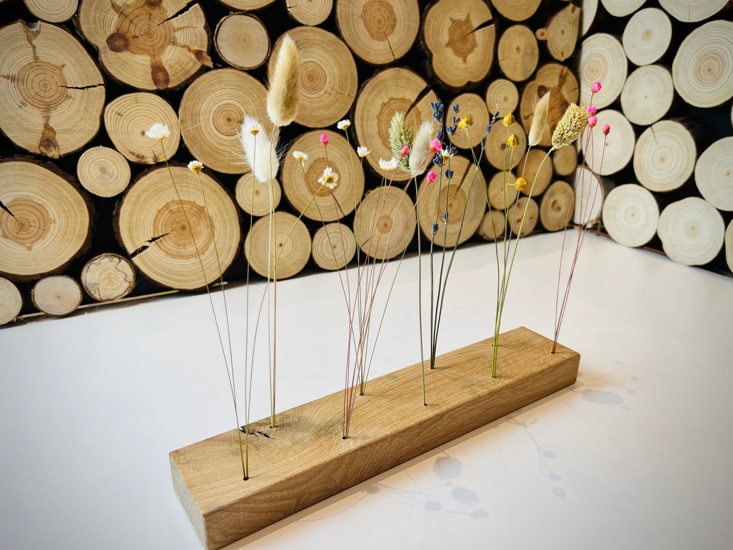 Flowerbar "Blumenharmonie" aus massiver Eiche inkl. Trockenblumen, elegante Eichenholz Tischdekoration für getrocknete Blumen, Blumenkranz
