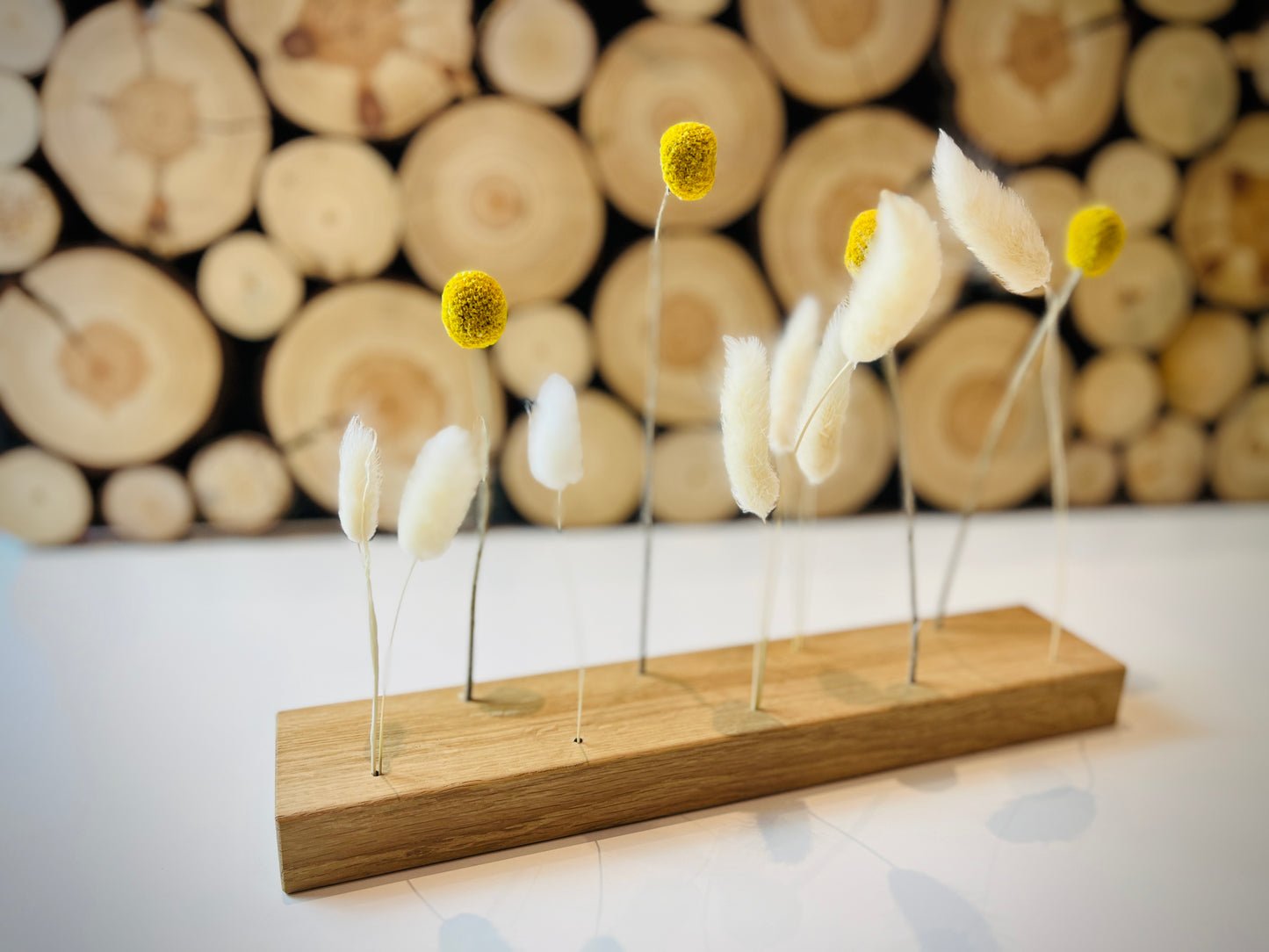 Flowerbar "Eleganz" aus massiver Eiche inkl. Trockenblumen, elegante Eichenholz Tischdekoration für getrocknete Blumen, Blumenkranz