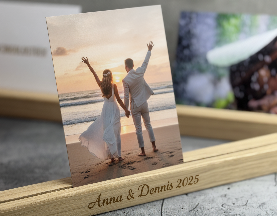 Personalisierter Tischkartenhalter aus naturbelassener Eiche - Gravur trifft Erinnerung, für Fotos & Bilder in 8, 20, 30, 40, 50, 60cm