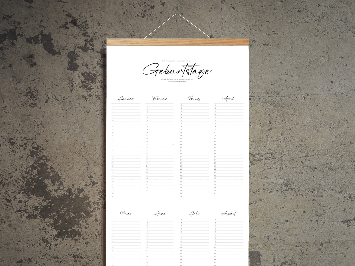 Geburtstagskalender mit magnetischer Posterleiste als immerwährender Jahresplaner für Geburtstage in DIN A1 halb 29,7 x 84,1cm