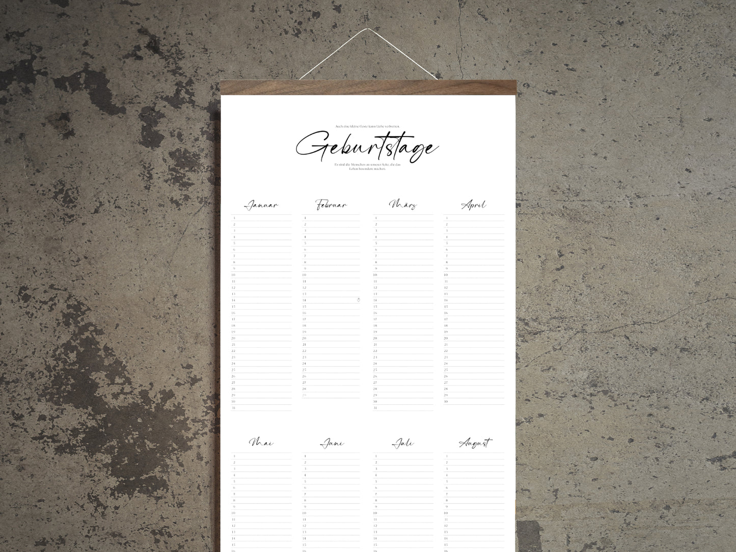 Geburtstagskalender mit magnetischer Posterleiste als immerwährender Jahresplaner für Geburtstage in DIN A1 halb 29,7 x 84,1cm