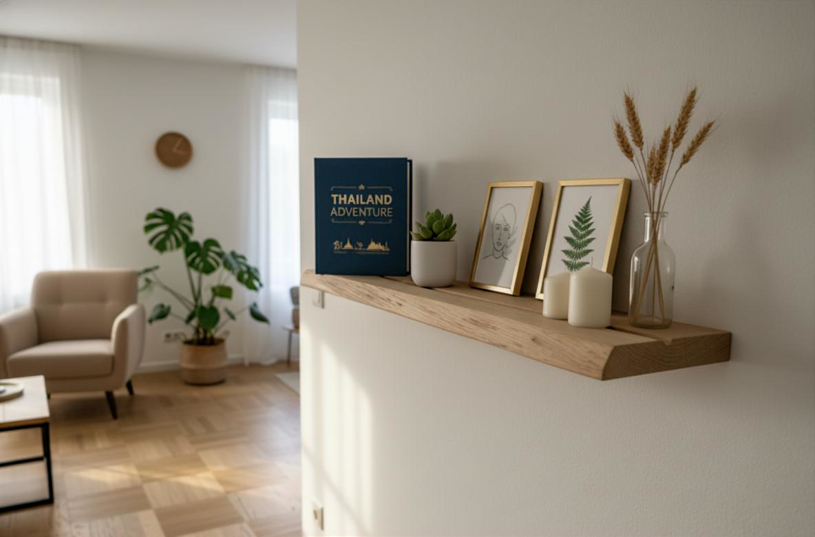 Wandregal aus massiver Eiche mit Büchernut – wahlweise mit Naturkante oder gerader Kante