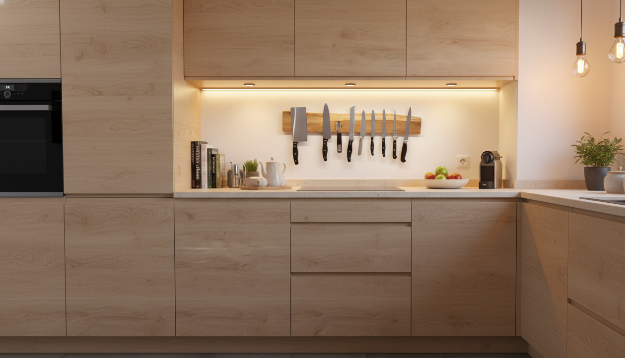 Magnetische Messerleiste aus massiver Eiche mit Naturkante – schlicht, stark, schön