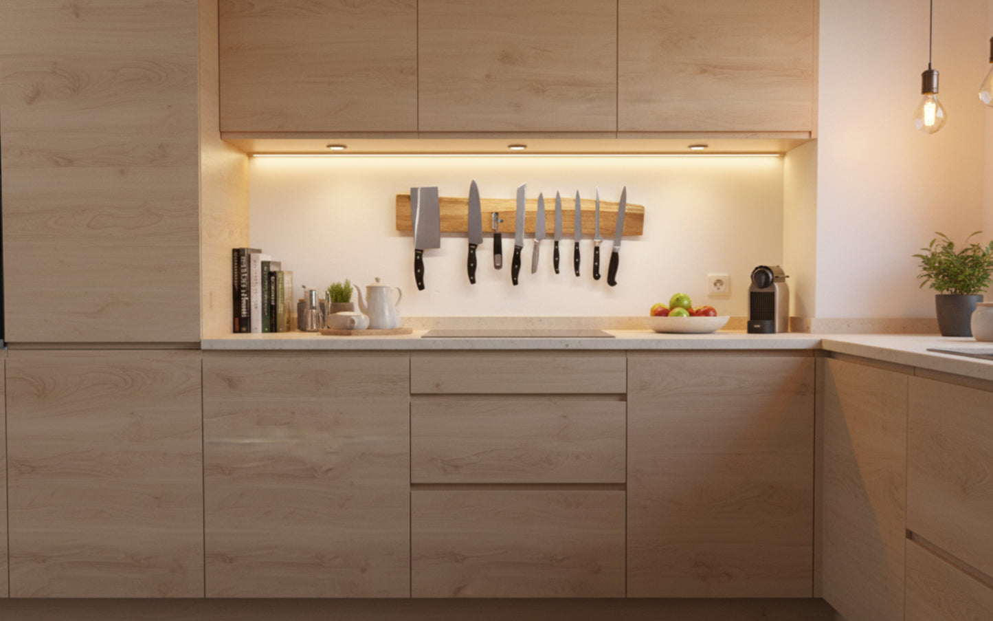 Wunschgravur auf magnetische Messerleiste aus massiver Eiche mit Naturkante – schlicht, stark, schön