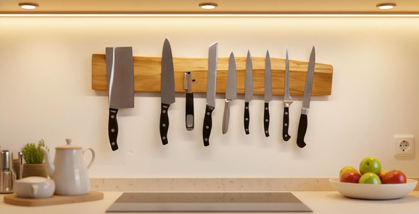 Magnetische Messerleiste aus massiver Eiche mit Naturkante – schlicht, stark, schön