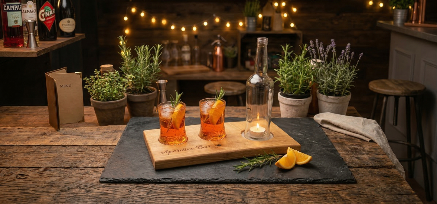 Aperitivo Bar – Servierbrett aus massiver Eiche mit Glas-Mulden und Naturkante