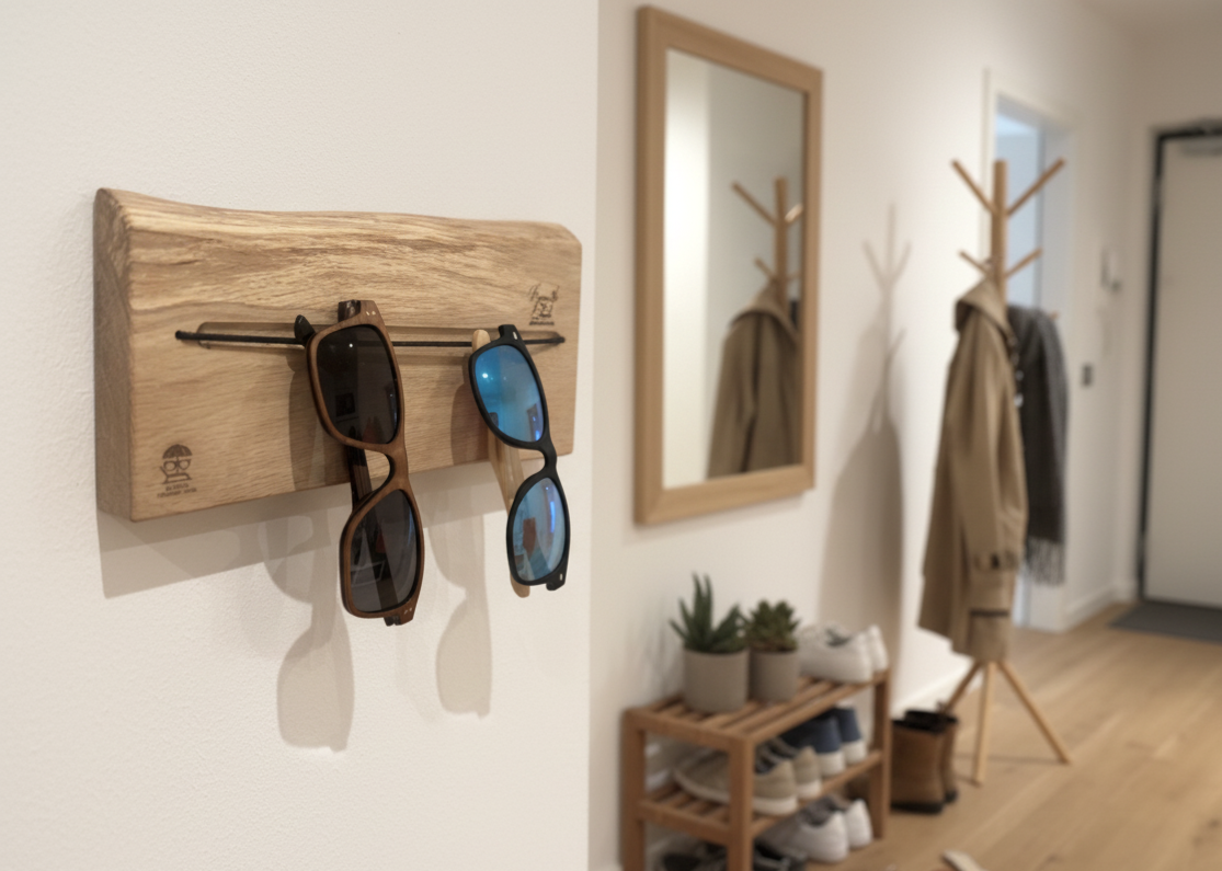 Brillenhalter aus massiver Eiche mit Naturkante – Wandhalterung mit Gummiband für Brillen & Sonnenbrillen