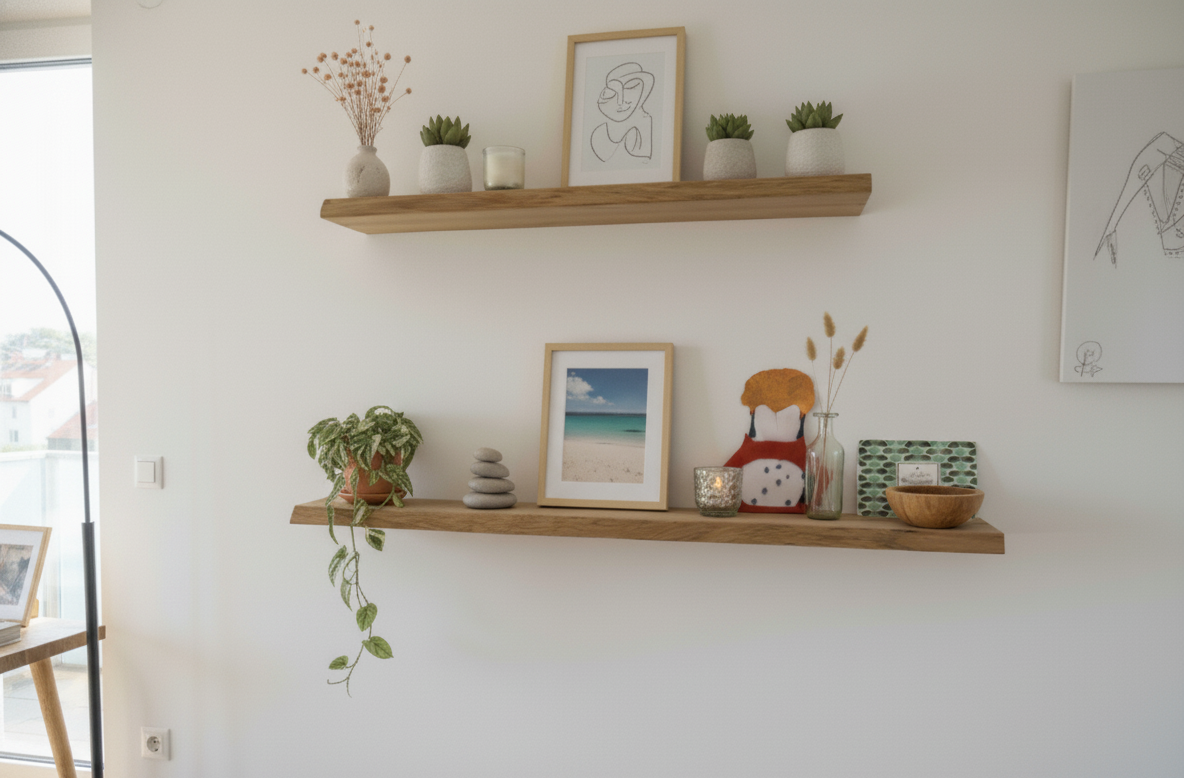 Wandregal aus massiver Eiche mit Büchernut – wahlweise mit Naturkante oder gerader Kante