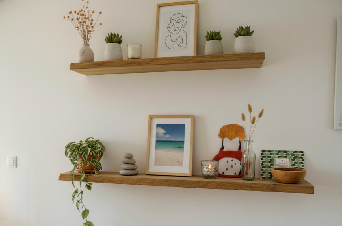 Wandregal aus massiver Eiche mit Büchernut – wahlweise mit Naturkante oder gerader Kante