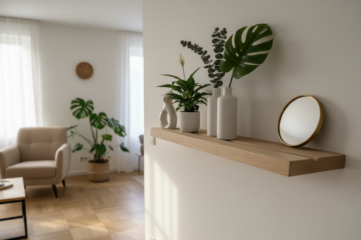 Wandregal aus massiver Eiche mit Büchernut – wahlweise mit Naturkante oder gerader Kante