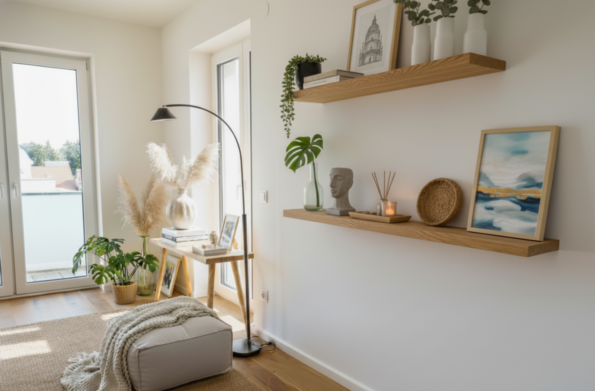 Wandregal aus massiver Eiche mit Büchernut – wahlweise mit Naturkante oder gerader Kante