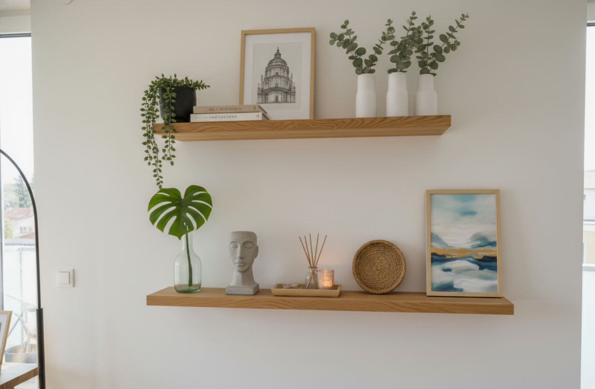 Wandregal aus massiver Eiche mit Büchernut – wahlweise mit Naturkante oder gerader Kante