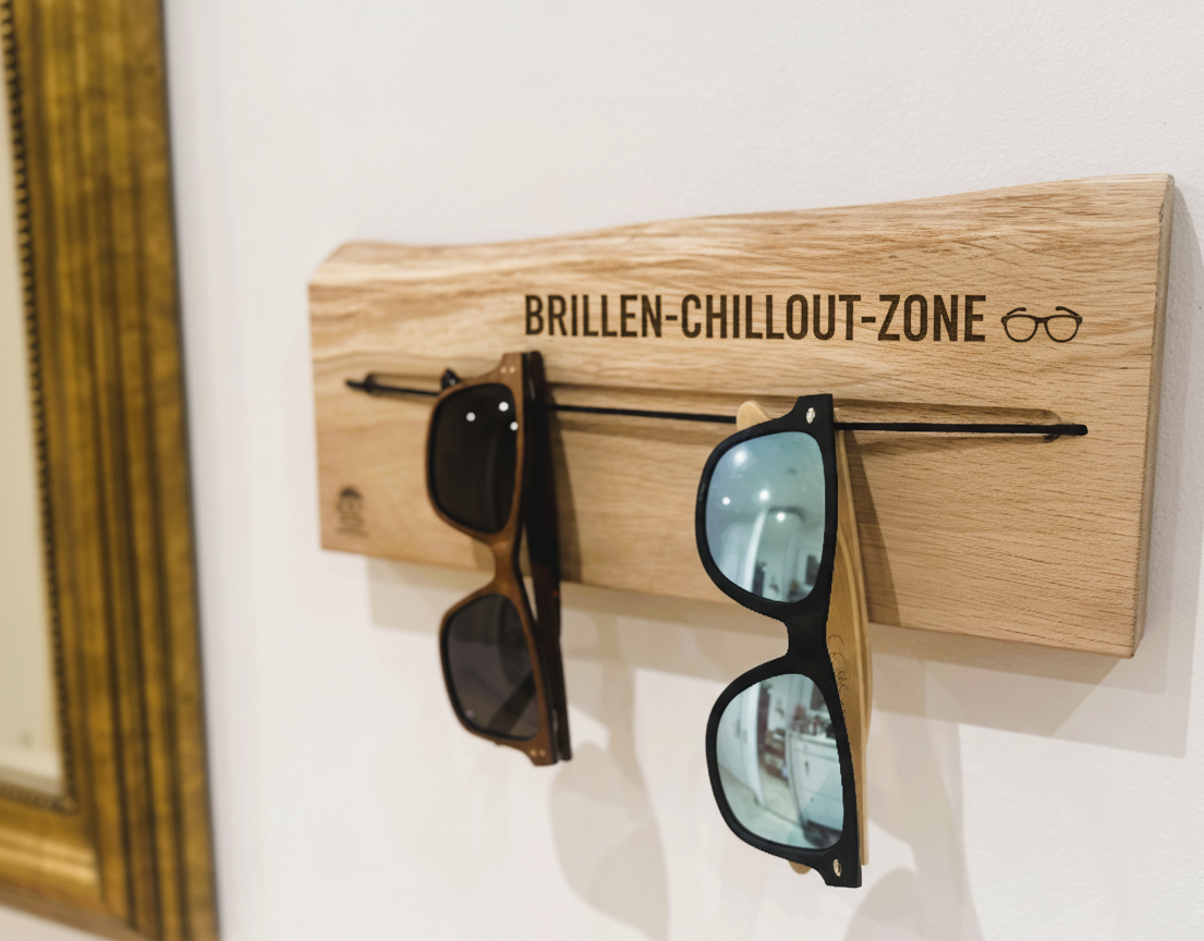 Brillenhalter aus massiver Eiche mit Naturkante – Wandhalterung mit Gummiband für Brillen & Sonnenbrillen