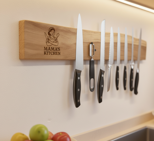 Wunschgravur auf magnetische Messerleiste aus massiver Eiche mit Naturkante – schlicht, stark, schön