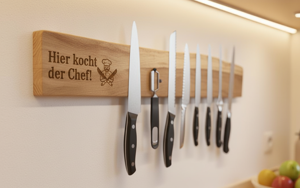 Wunschgravur auf magnetische Messerleiste aus massiver Eiche mit Naturkante – schlicht, stark, schön