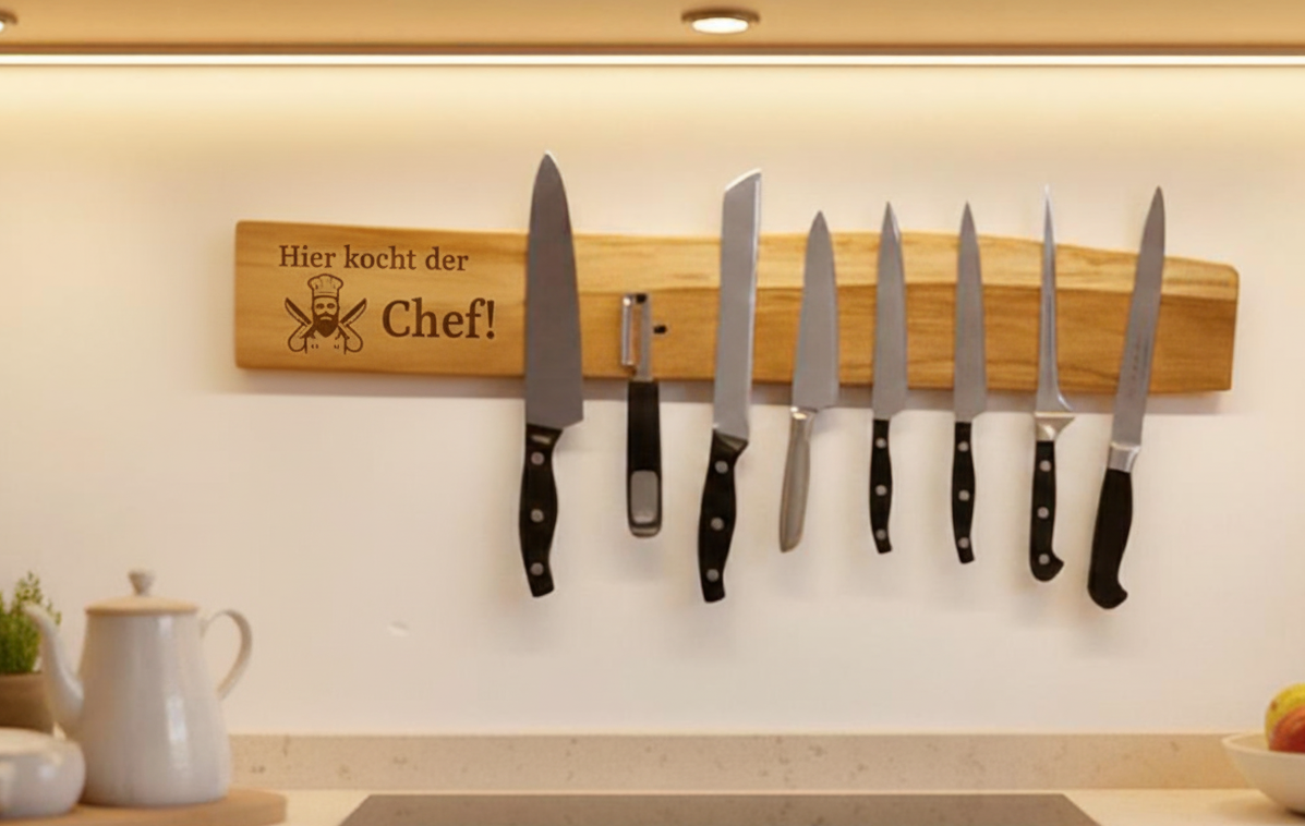 Wunschgravur auf magnetische Messerleiste aus massiver Eiche mit Naturkante – schlicht, stark, schön