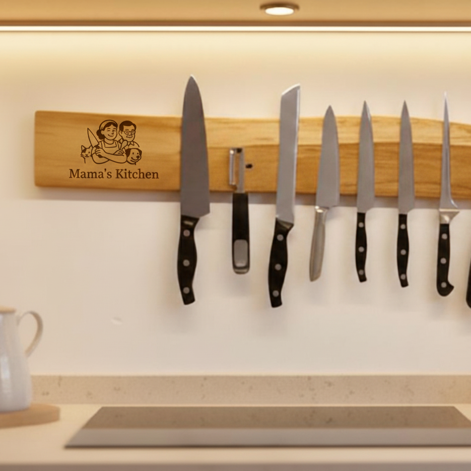 Wunschgravur auf magnetische Messerleiste aus massiver Eiche mit Naturkante – schlicht, stark, schön