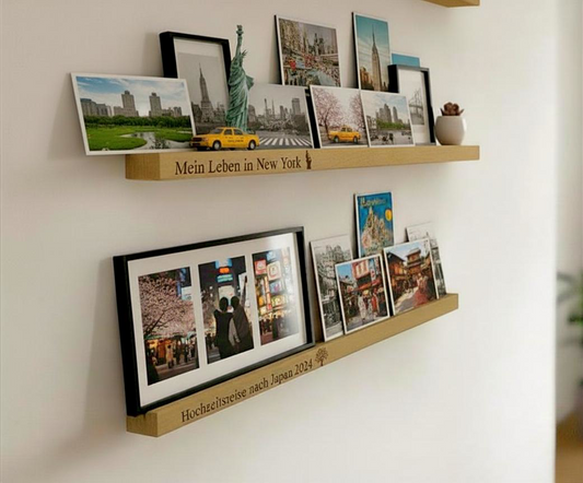 Wunschgravur und personalisierte Bilderleiste - Fotoleiste aus naturbelassenen Eichenholz, verschiedene Formate Wandboard für Bilder