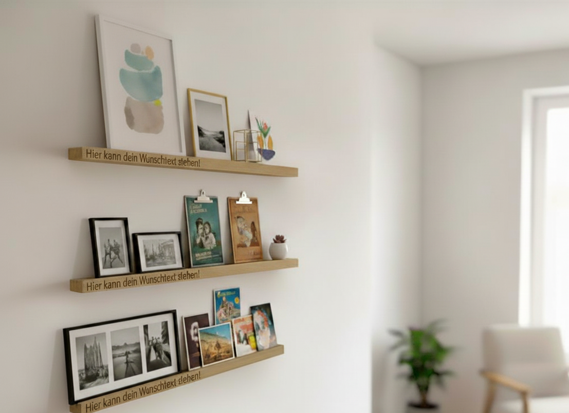 Wunschgravur und personalisierte Bilderleiste - Fotoleiste aus naturbelassenen Eichenholz, verschiedene Formate Wandboard für Bilder