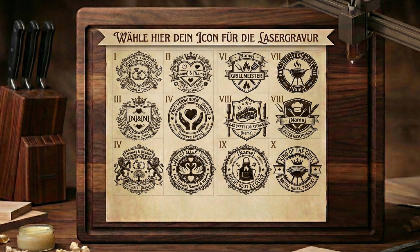 Schneidebrett aus massiver Eiche mit persönlicher Gravur und Naturkante – rustikal, edel, einzigartig - personalisierte Lasergravur