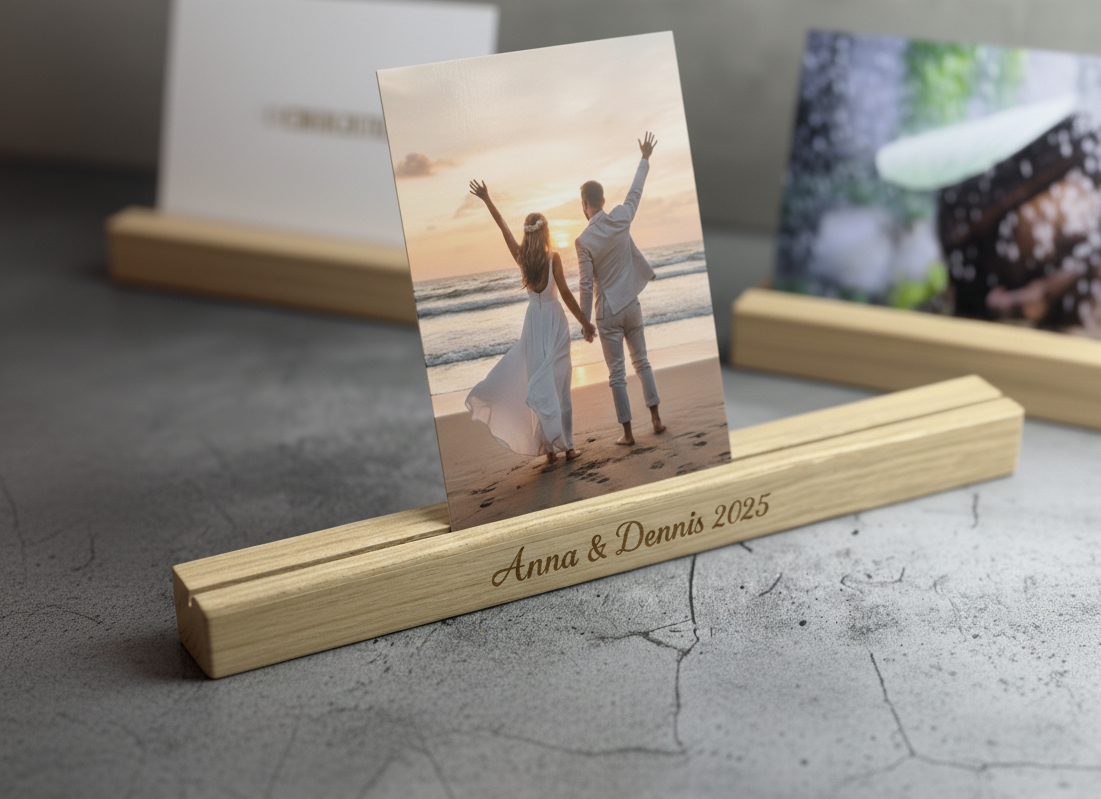 Personalisierter Tischkartenhalter aus naturbelassener Eiche - Gravur trifft Erinnerung, für Fotos & Bilder in 8, 20, 30, 40, 50, 60cm